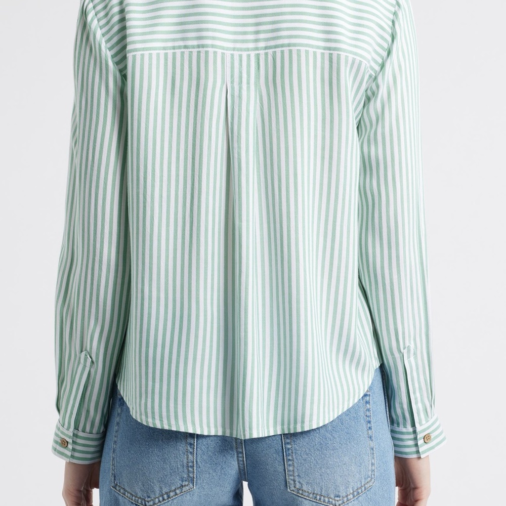 beachlunchlounge Candace Green and White Striped Shirt Lightweight Summer Vibe - Picture 2 of 9